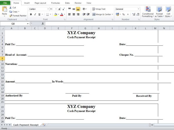 cash receipt excel template
